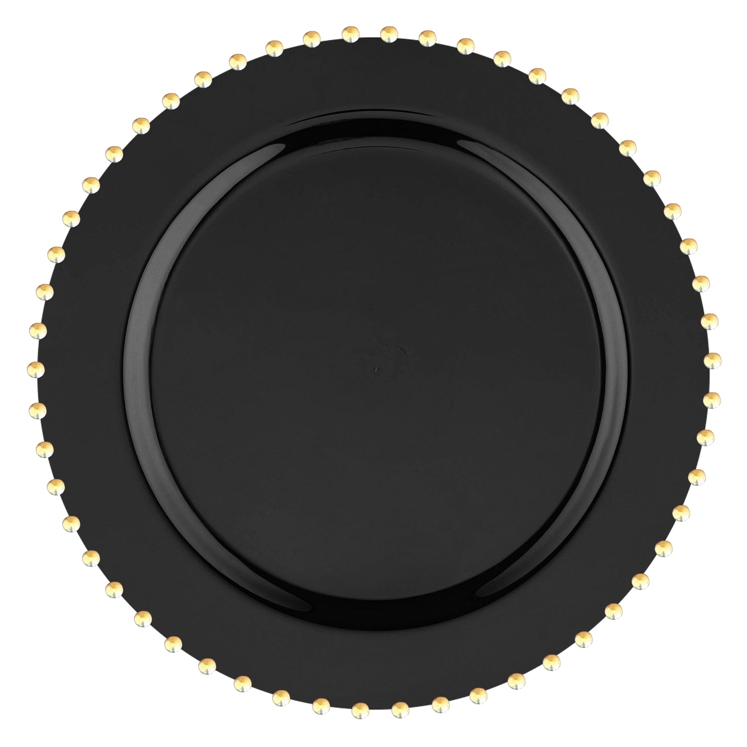 The Black with Gold Pearl String Round Plastic Dinner Plates (10”) feature a sleek, shiny black surface complemented by gold beads precisely spaced along the edge. Their simple yet elegant design creates a striking contrast between the rich black center and the luxurious gold accents around the rim. These premium plastic wedding plates offer an exquisite blend of sophistication and convenience for any occasion.