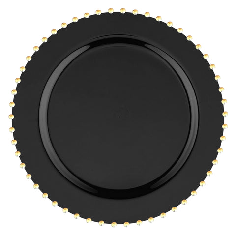 The Black with Gold Pearl String Round Plastic Dinner Plates (10”) feature a sleek, shiny black surface complemented by gold beads precisely spaced along the edge. Their simple yet elegant design creates a striking contrast between the rich black center and the luxurious gold accents around the rim. These premium plastic wedding plates offer an exquisite blend of sophistication and convenience for any occasion.