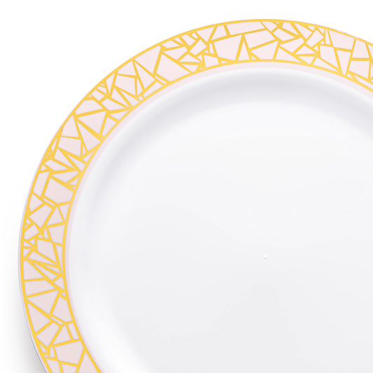 White with Pink and Gold Mosaic Rim Round Disposable Plastic Dinner Plates (10.25")