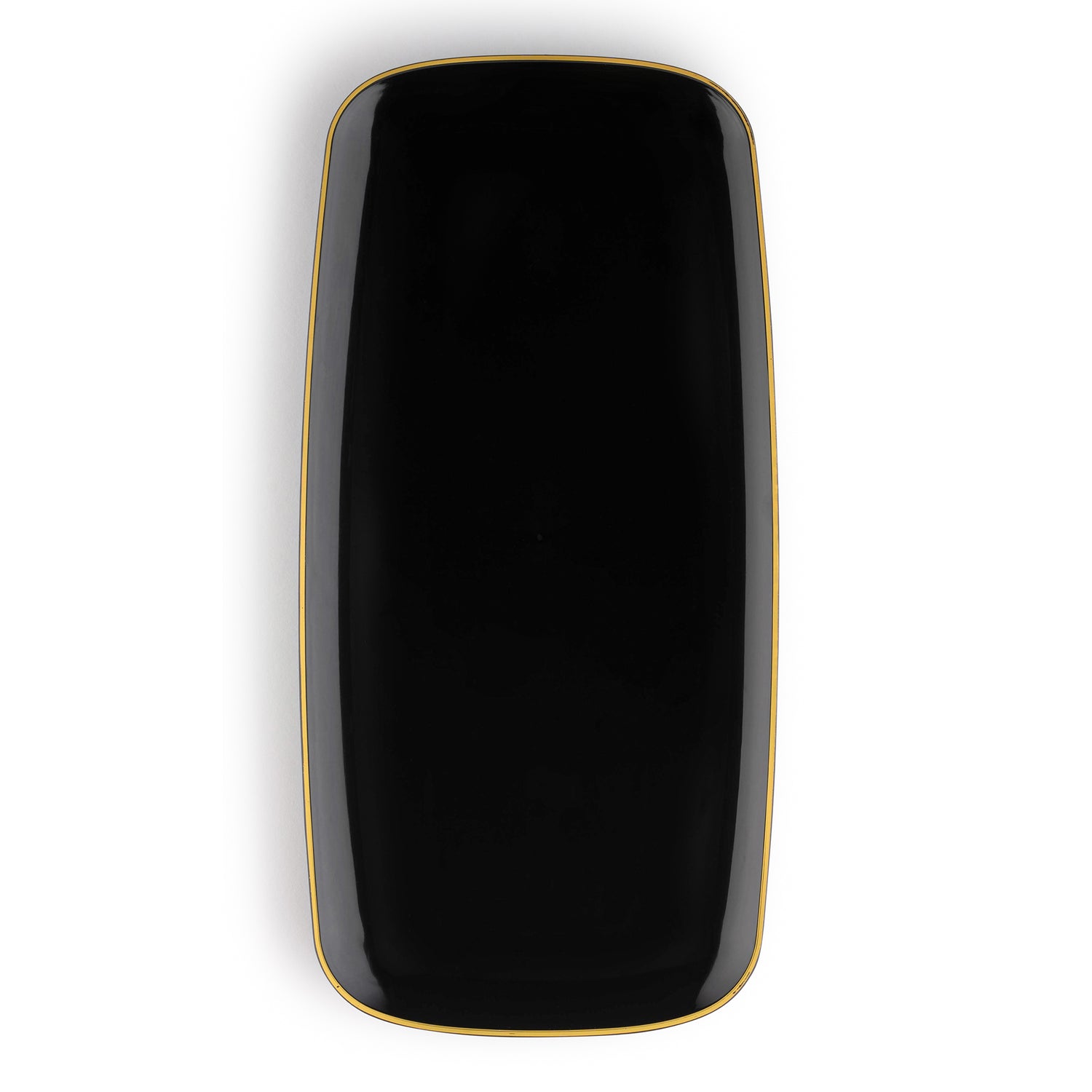 An elegant party plate from our collection, the Black with Gold Rim Flat Raised Edge Rectangular Plastic Plates (10.6" x 5"), features a sleek glossy finish with slightly curved edges and a thin gold rim. Designed for stylish gatherings, these disposable plastic plates, set against a plain black background, are perfect for sophisticated occasions.
