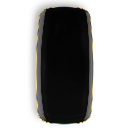 Black with Gold Rim Flat Raised Edge Rectangular Plastic Plates (10.6" x 5")