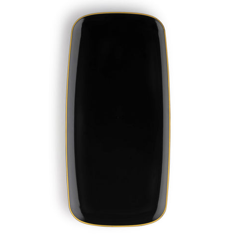 An elegant party plate from our collection, the Black with Gold Rim Flat Raised Edge Rectangular Plastic Plates (10.6