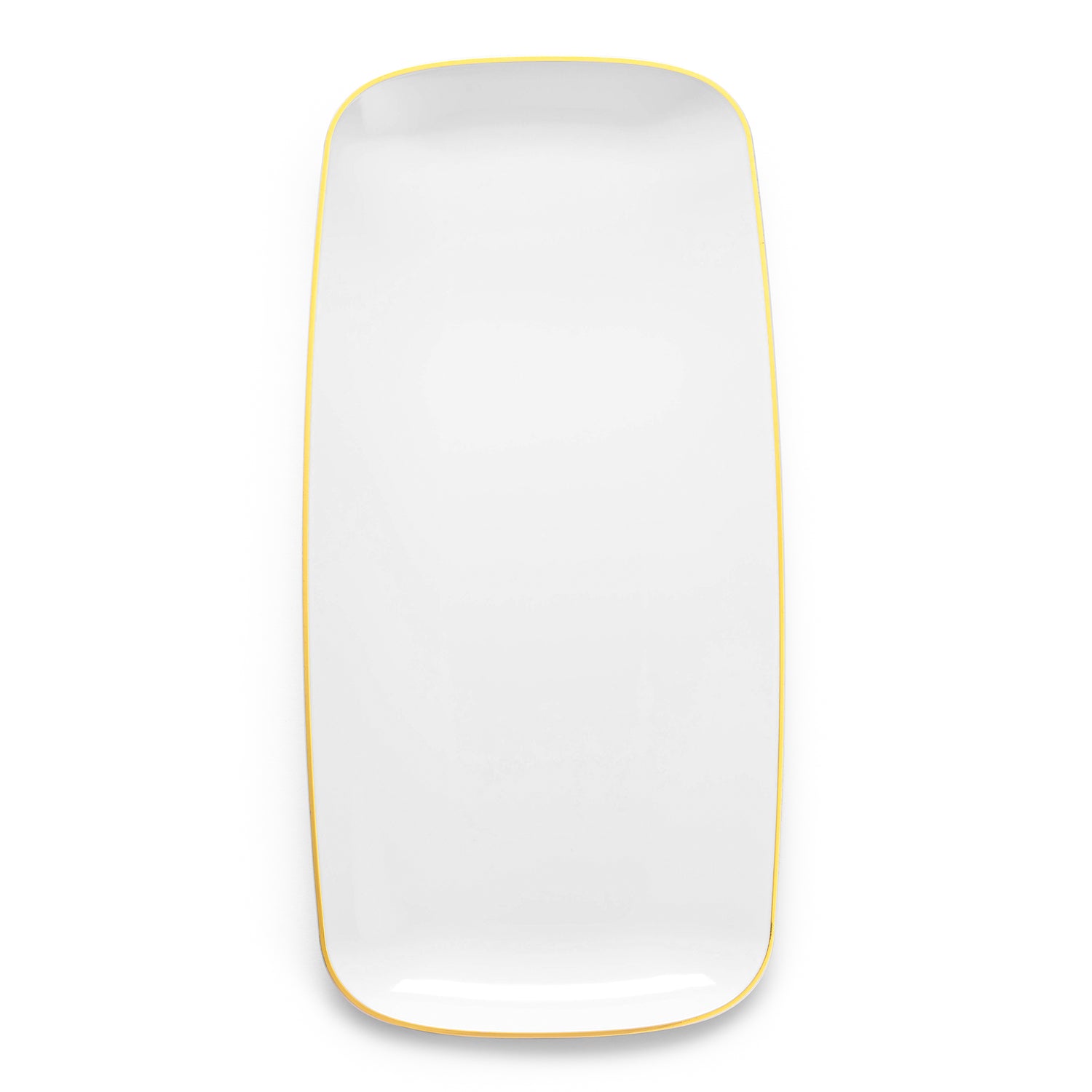 The White with Gold Rim Flat Raised Edge Rectangular Plastic Plate (10.6" x 5") rests empty against a white background, its refined design with rounded edges and thin gold rim exuding an understated elegance.