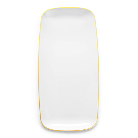 The White with Gold Rim Flat Raised Edge Rectangular Plastic Plate (10.6