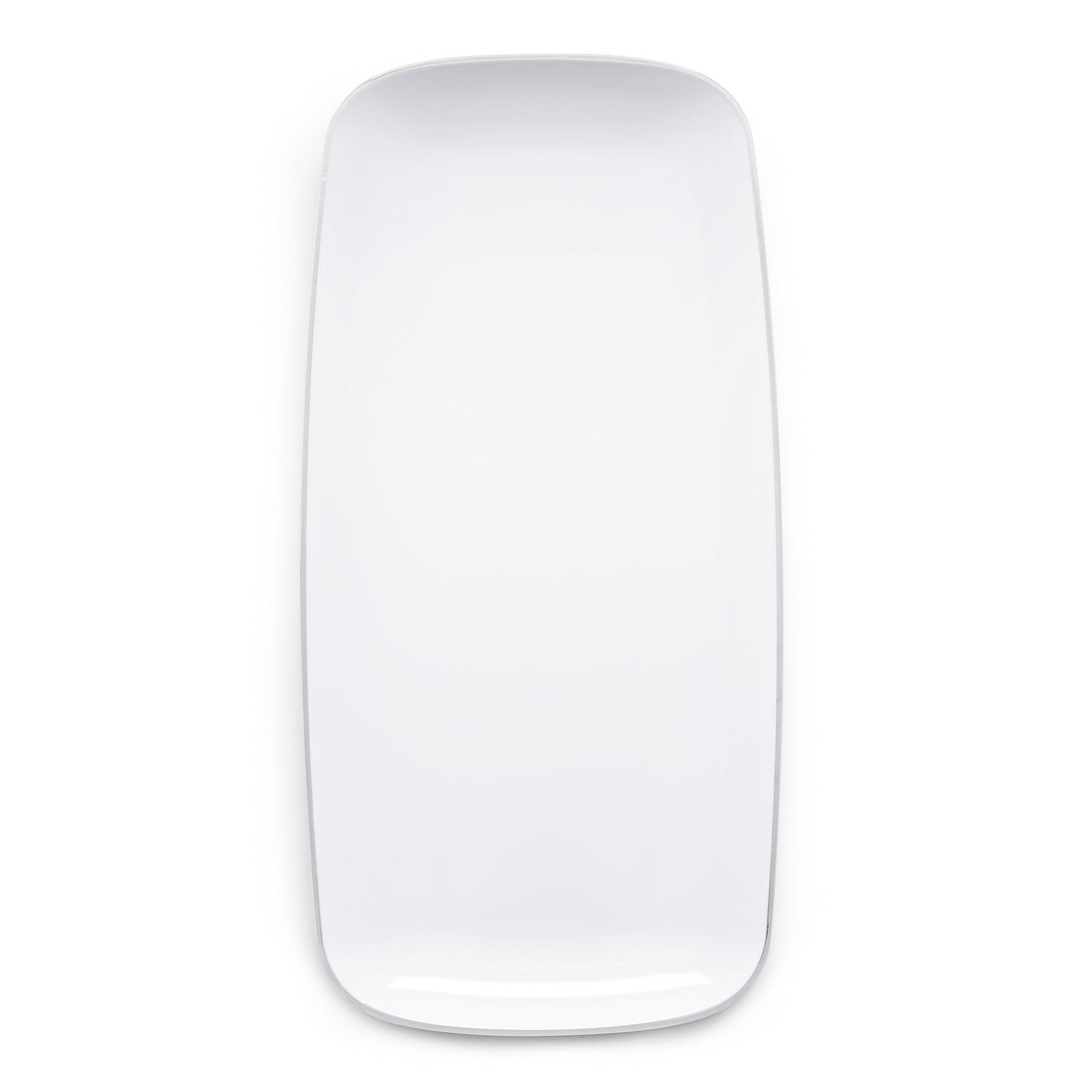 An elegant and convenient rectangular white plastic plate with slightly rounded edges, featuring a smooth and glossy finish with a silver rim, perfect for formal events. The plate measures 10.6" x 5".