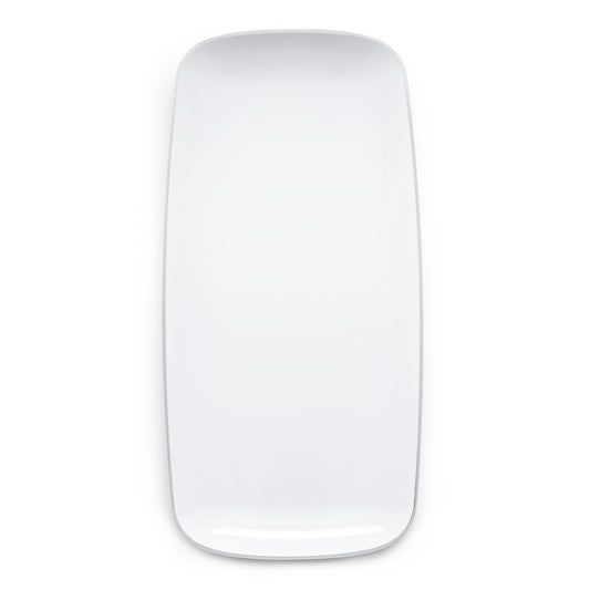 White with Silver Rim Flat Raised Edge Rectangular Plastic Plates (10.6" x 5")
