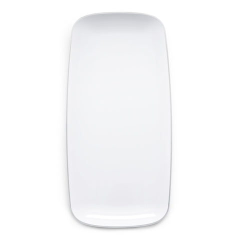 An elegant and convenient rectangular white plastic plate with slightly rounded edges, featuring a smooth and glossy finish with a silver rim, perfect for formal events. The plate measures 10.6