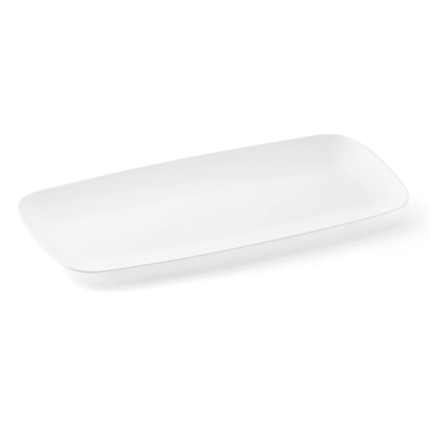 A Solid White Flat Raised Edge Rectangular Plastic Plate (10.6" x 5") is shown against a plain white background. The plate, reminiscent of ceramic flatware, is empty and boasts a simple, minimalist design.