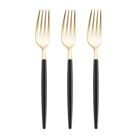 Shiny Gold with Black Handle Moderno Disposable Plastic Dinner Forks