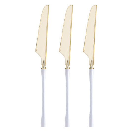 Shiny Gold with White Handle Moderno Disposable Plastic Dinner Knives
