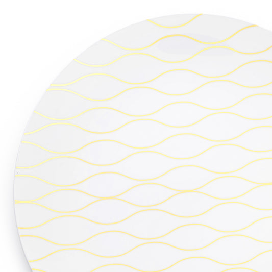 White with Gold Waves Round Disposable Plastic Dinner Plates (10.25")