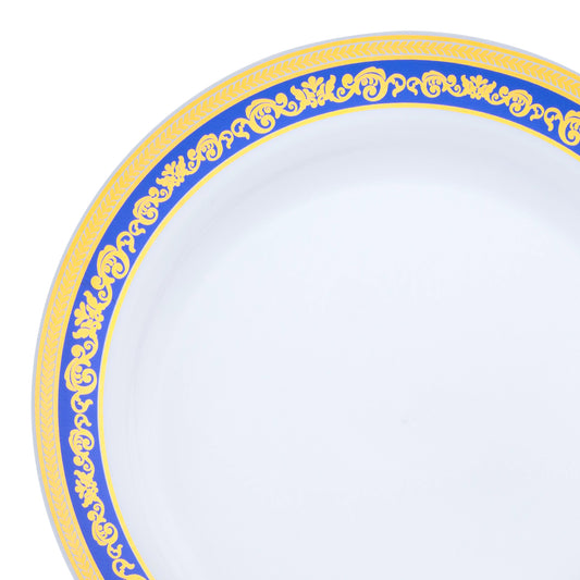 White with Blue and Gold Royal Rim Disposable Plastic Dinner Plates (10.25")