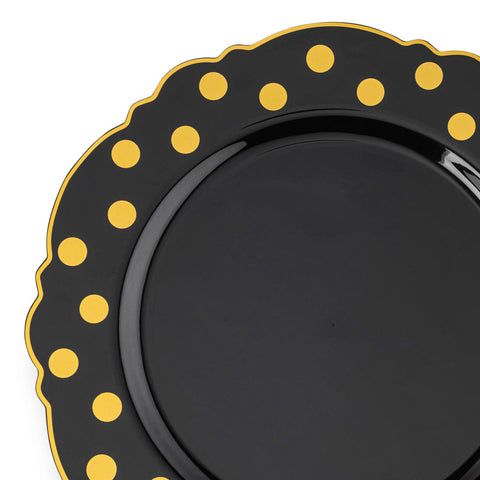 The Black with Gold Dots Round Blossom Plastic Disposable Dinner Plates (10.25