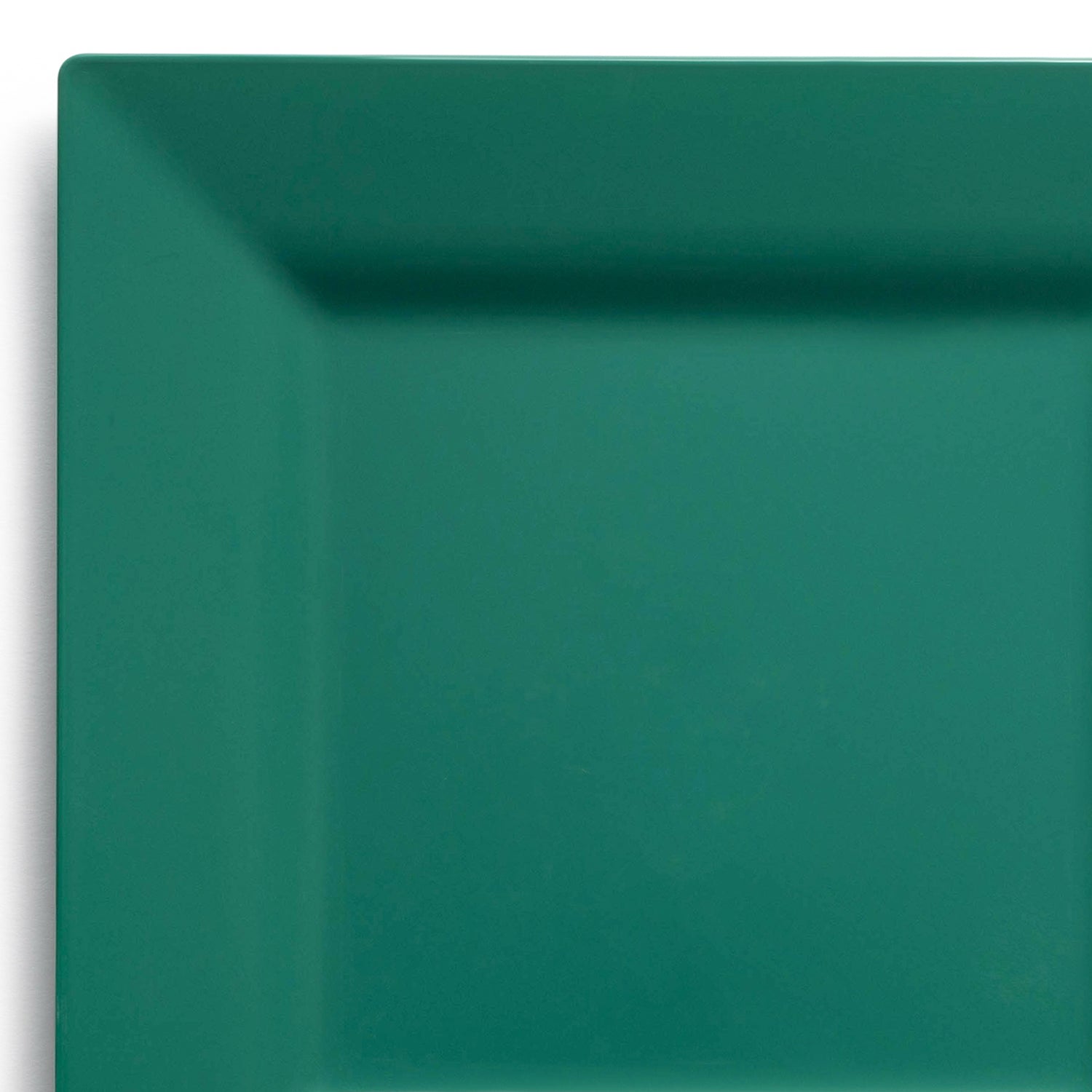 A close-up of a Hunter Green Square Disposable Plastic Dinner Plate (9.5") with a slightly raised rim. The plate's smooth surface and minimalist design are evident. The background is white, providing contrast to the plate's rich color.
