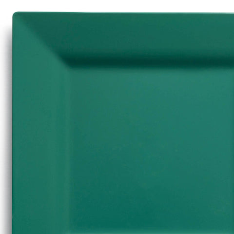 A close-up of a Hunter Green Square Disposable Plastic Dinner Plate (9.5