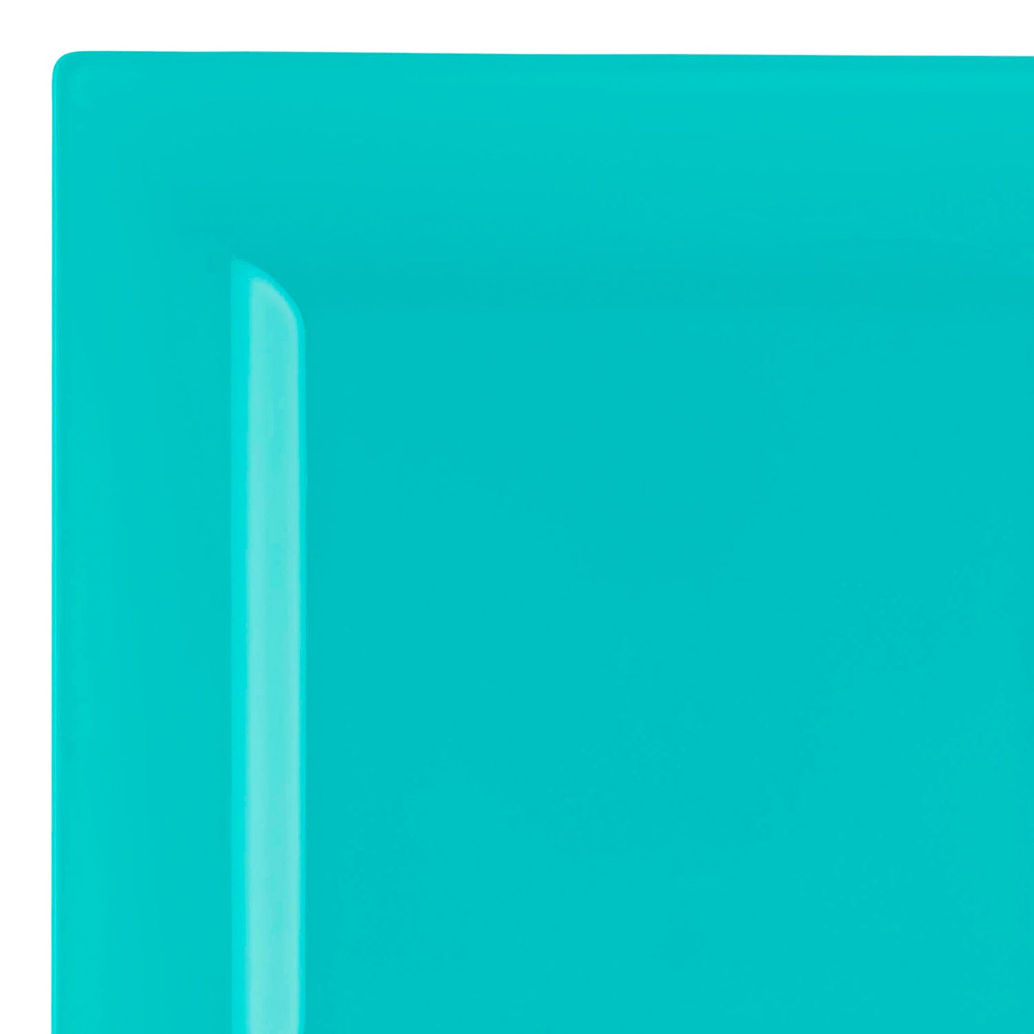Close-up image of a vibrant Sea Aqua Square Disposable Plastic Dinner Plate with a smooth, glossy finish and clean, simple lines. The plate's striking color is bold and eye-catching, contrasting sharply with the white background. Its sophisticated design rivals many other disposable plastic dinner plates on the market.