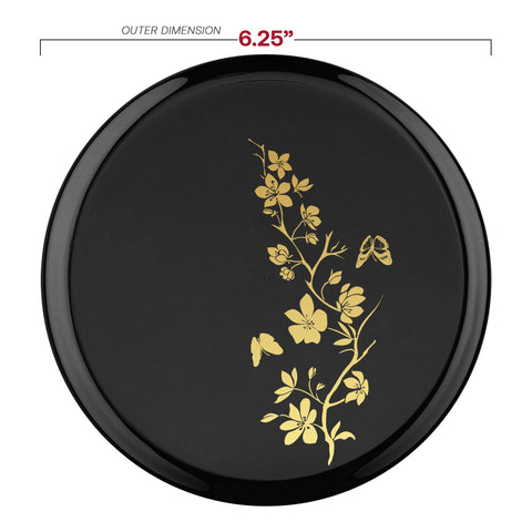 Black with Gold Floral Round Plastic Pastry Plates (6.25