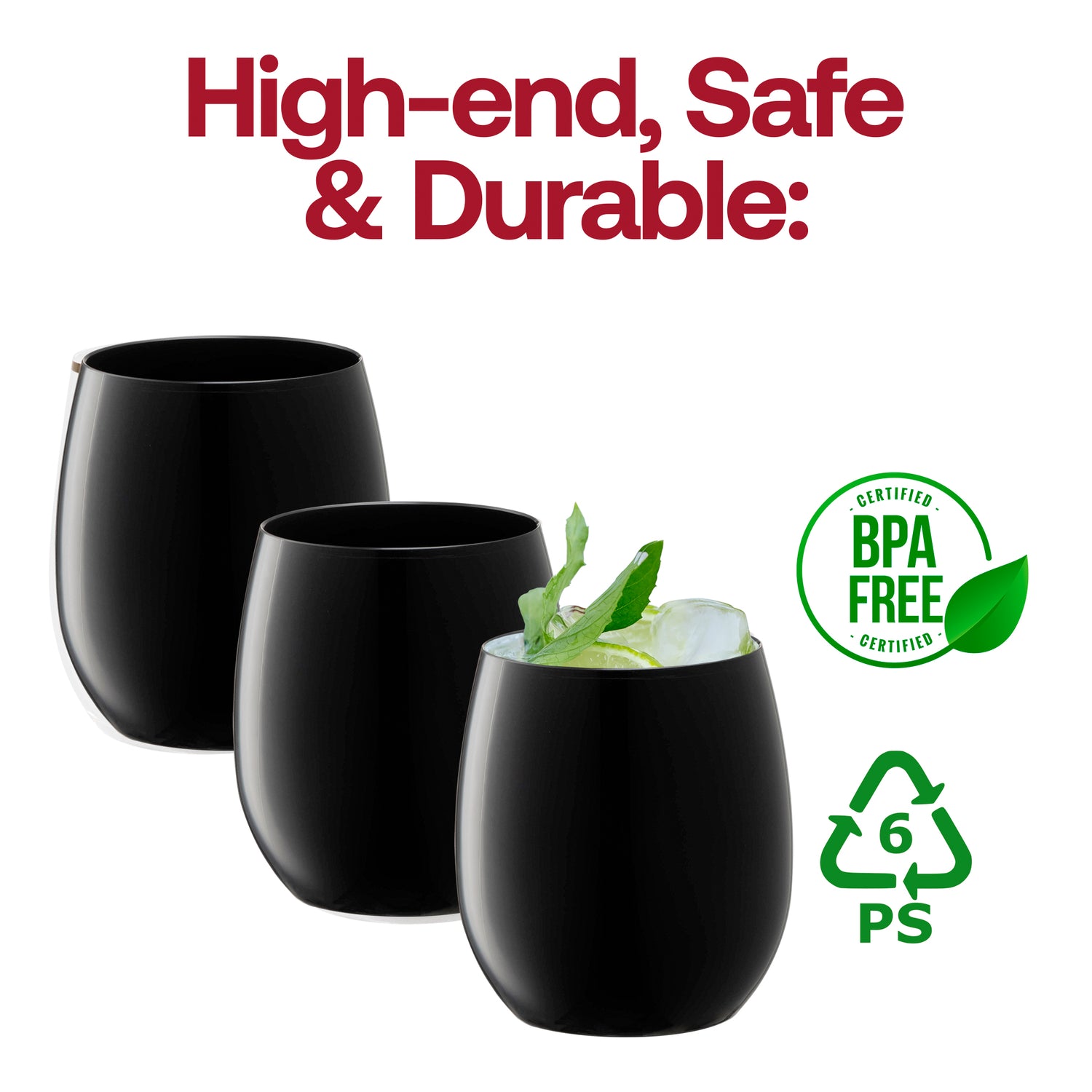 Black Elegant Stemless Plastic Wine Glasses | The Kaya Collection
