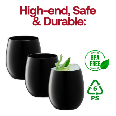Black Elegant Stemless Plastic Wine Glasses | The Kaya Collection