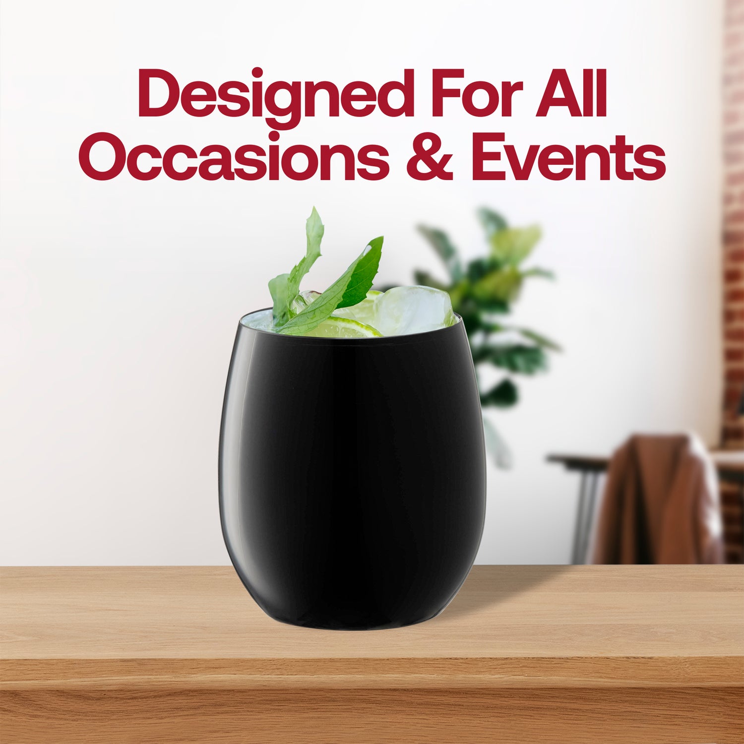 12 oz. Black Elegant Stemless Plastic Wine Glasses Lifestyle | The Kaya Collection