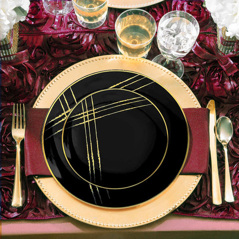 Black with Gold Brushstroke Round Disposable Plastic Salad Plates (7.5