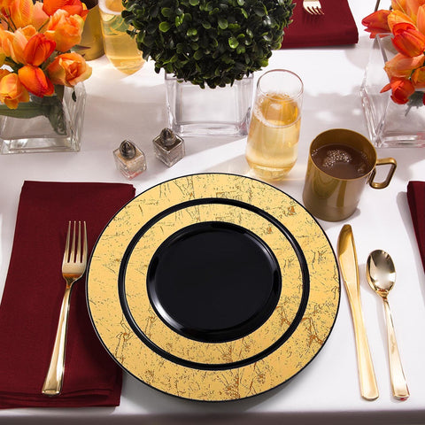 Black with Gold Marble Rim Disposable Plastic Salad Plates (7.5