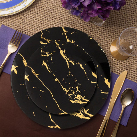 Black with Gold Stroke Round Plastic Disposable Dinner Plates (10.25
