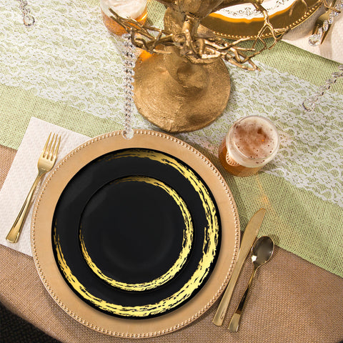 Black with Gold Moonlight Round Plastic Dinner Plates (10.25