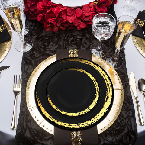 Black with Gold Moonlight Round Plastic Dinner Plates (10.25