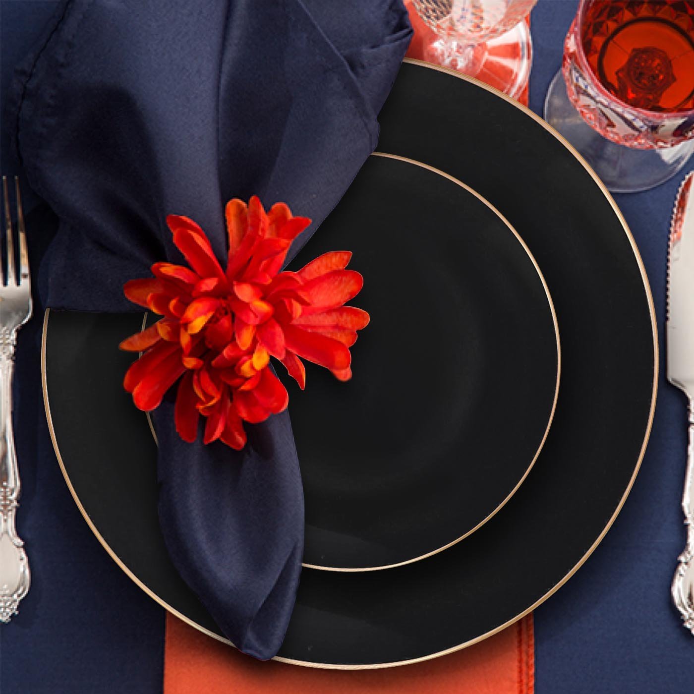 Black with Gold Rim Organic Round Plastic Disposable Dinner Plates (10.25")