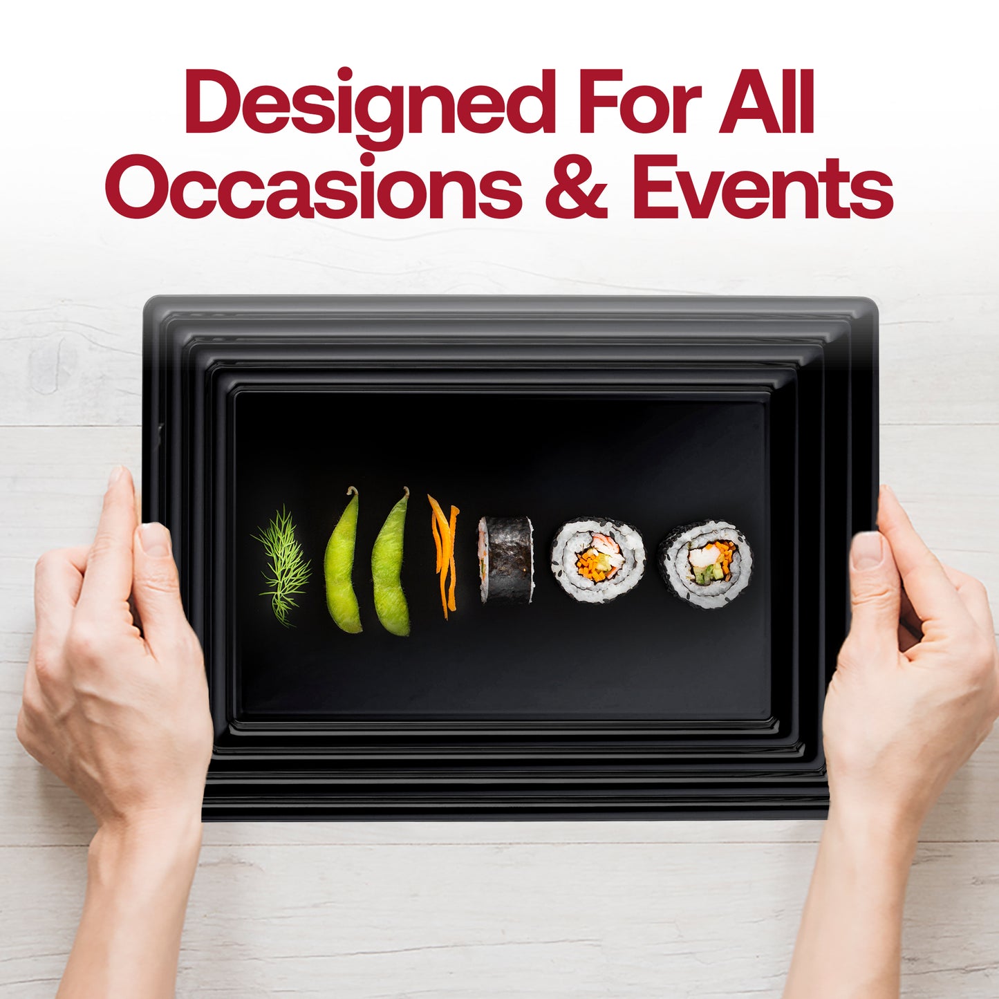 9" x 13" Black Rectangular with Groove Rim Disposable Plastic Serving Trays