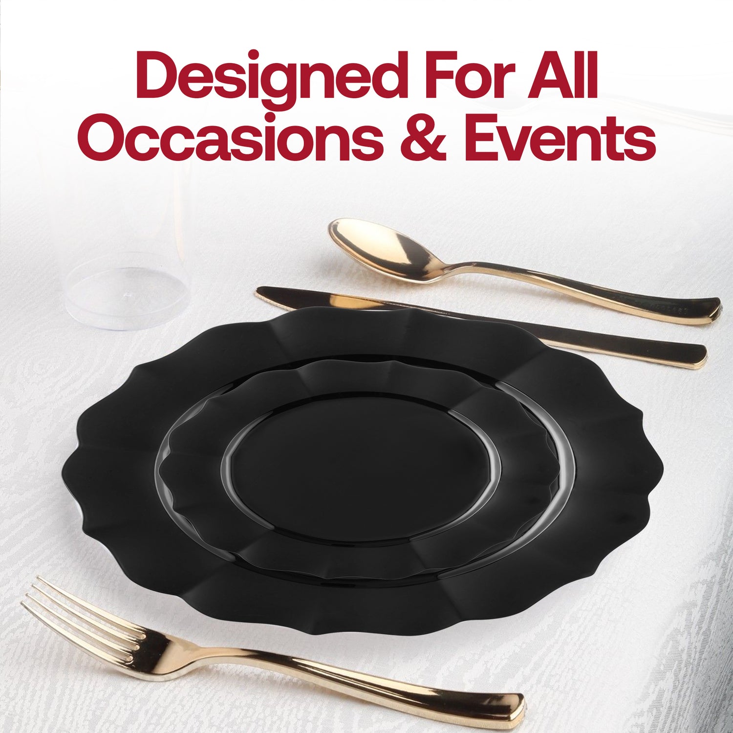 Black Round Lotus Disposable Plastic Dinner Plates (10.25") Lifestyle | The Kaya Collection