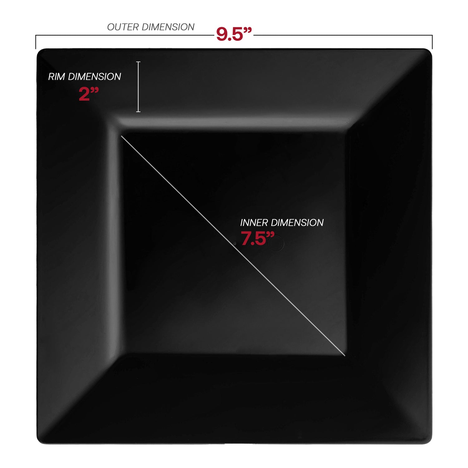 Black Square Plastic Dinner Plates (9.5") Dimension | The Kaya Collection