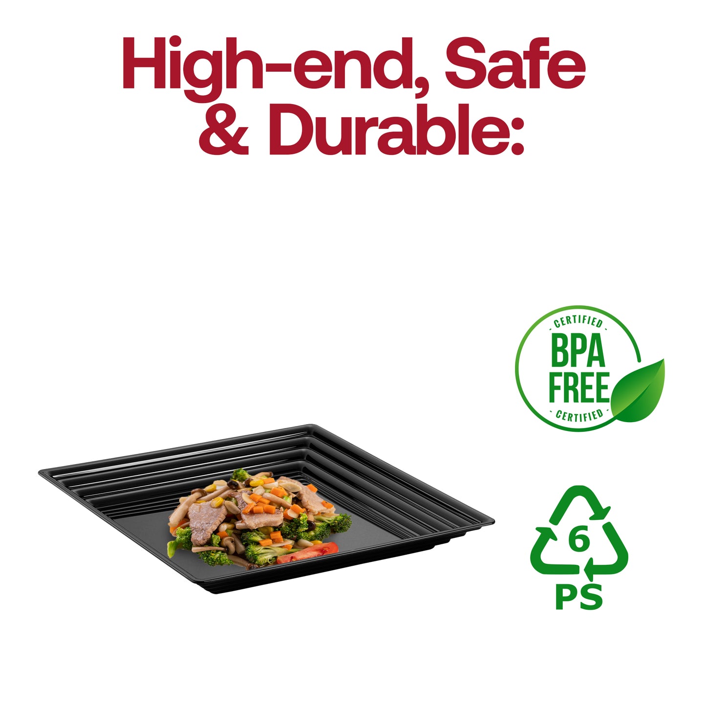 16" x 16" Black Square with Groove Rim Disposable Plastic Serving Trays