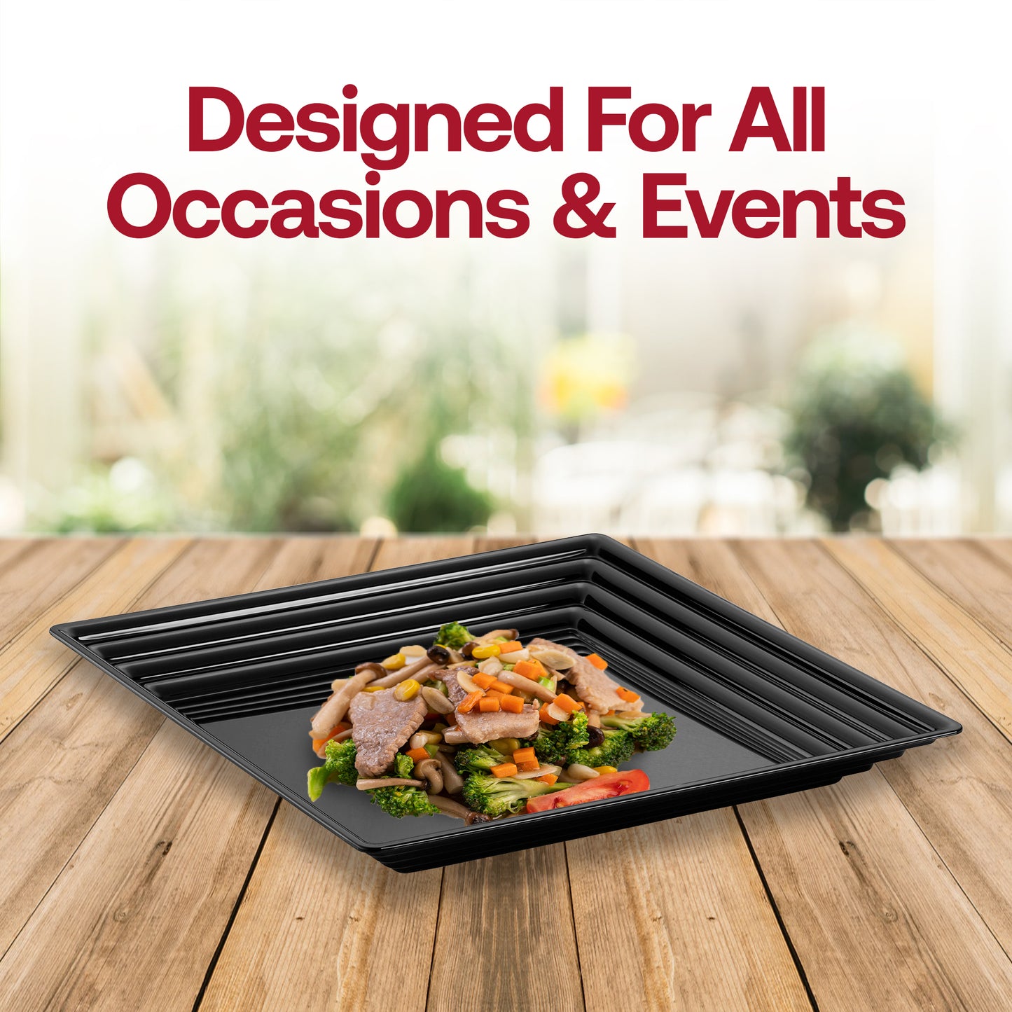 16" x 16" Black Square with Groove Rim Disposable Plastic Serving Trays