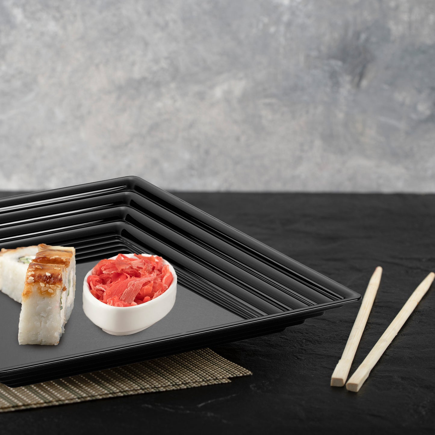 16" x 16" Black Square with Groove Rim Disposable Plastic Serving Trays