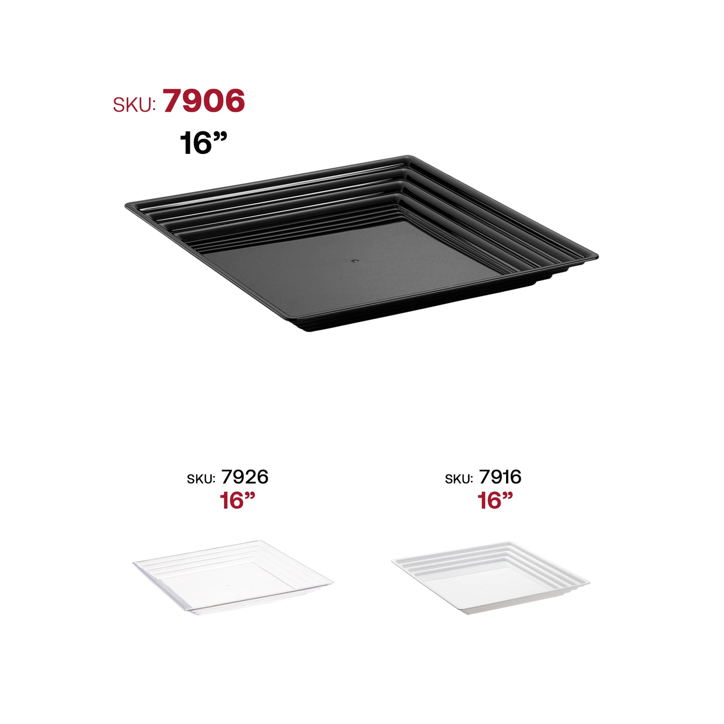 16" x 16" Black Square with Groove Rim Disposable Plastic Serving Trays