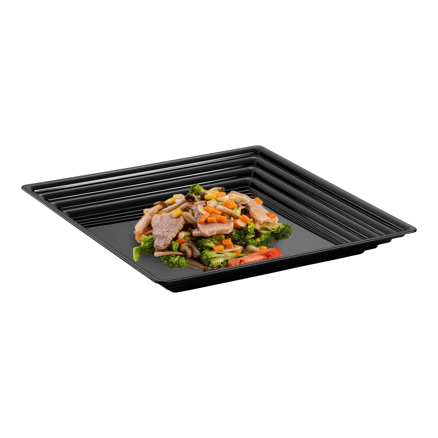 16" x 16" Black Square with Groove Rim Disposable Plastic Serving Trays