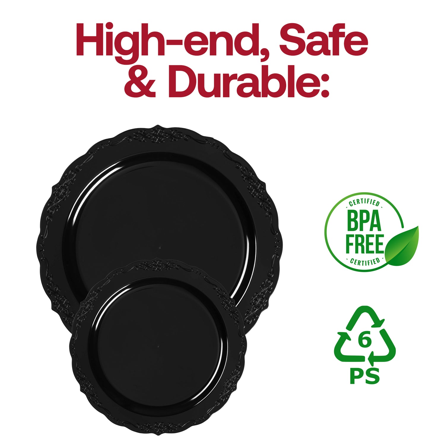 Black Vintage Rim Round Disposable Plastic Dinner Plates (10") BPA | The Kaya Collection