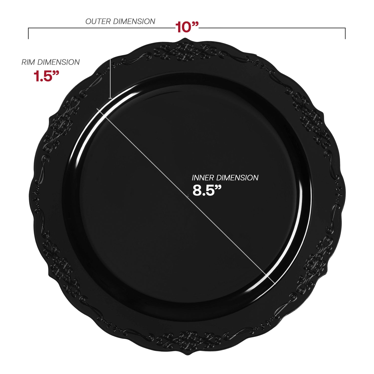 Black Vintage Rim Round Disposable Plastic Dinner Plates (10") Dimension | The Kaya Collection