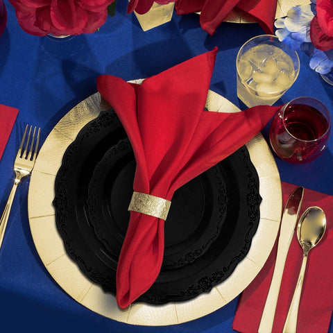 Black Vintage Rim Round Plastic Disposable Dinner Plates (10