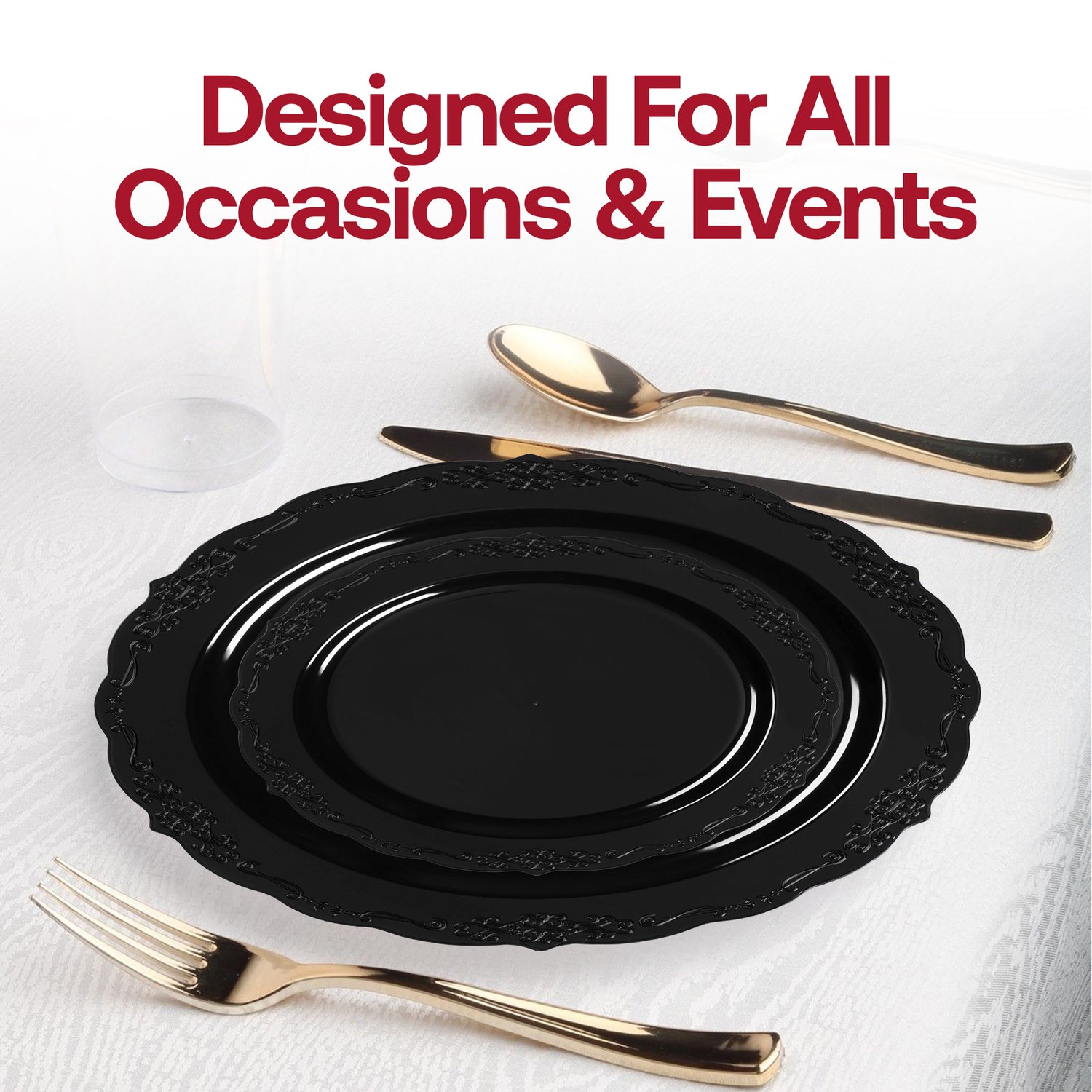 Black Vintage Rim Round Disposable Plastic Dinner Plates (10") Lifestyle | The Kaya Collection