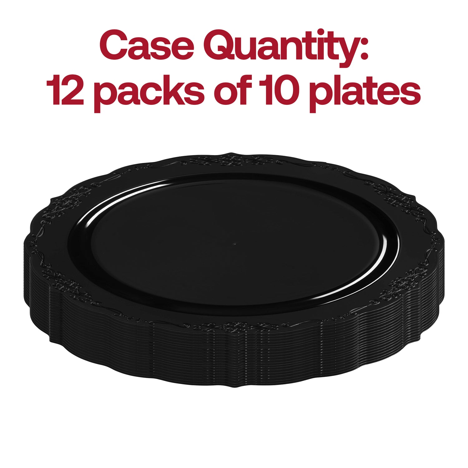 Black Vintage Rim Round Disposable Plastic Dinner Plates (10") Quantity | The Kaya Collection