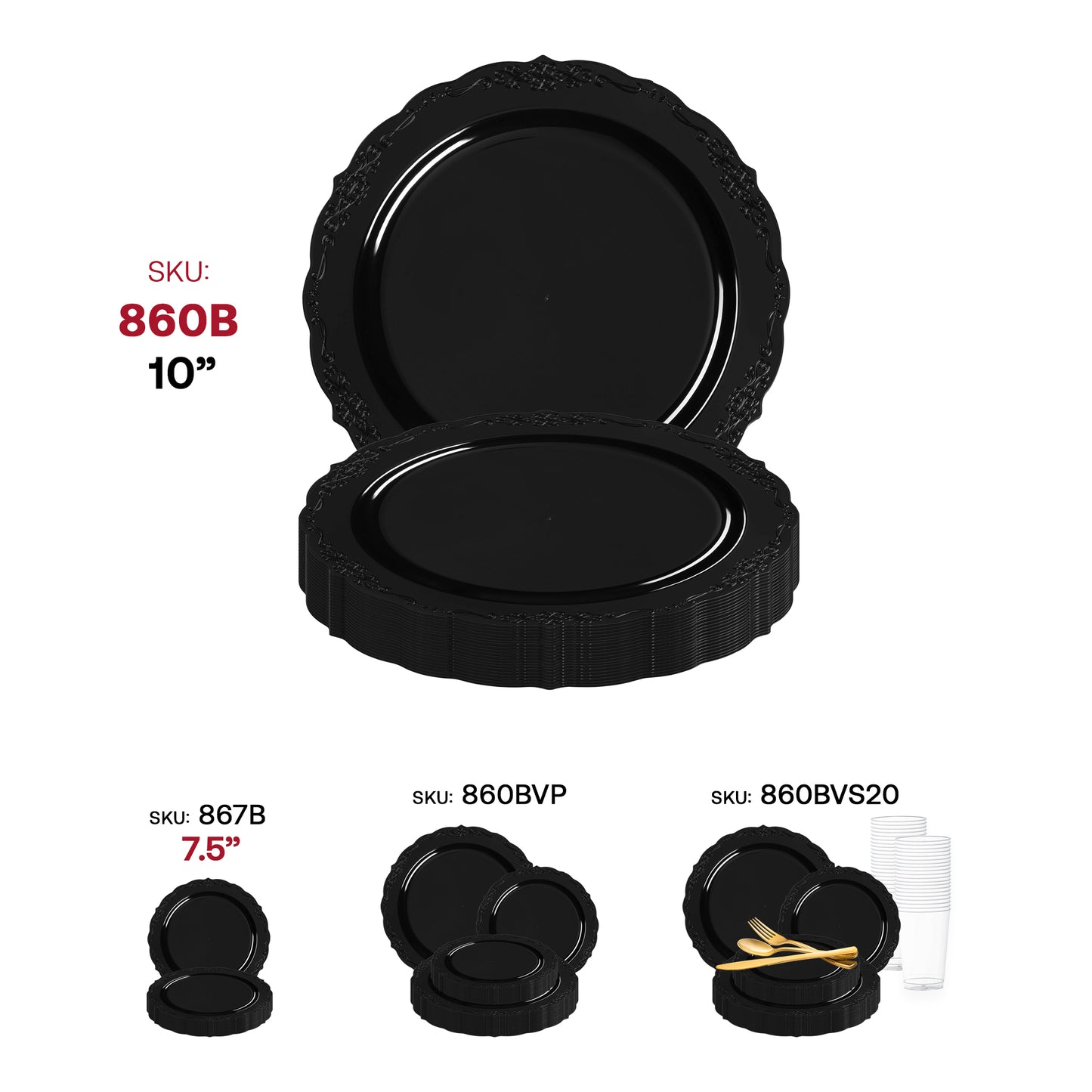 Black Vintage Rim Round Disposable Plastic Dinner Plates (10") SKU | The Kaya Collection