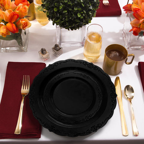 Black Vintage Rim Round Plastic Disposable Dinner Plates (10