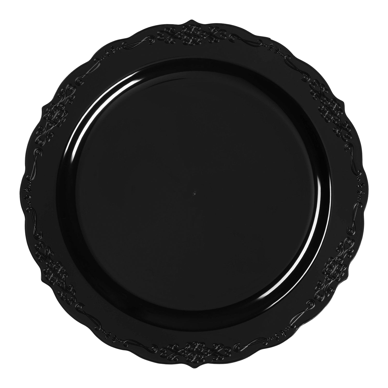 Black Vintage Rim Round Disposable Plastic Dinner Plates (10") | The Kaya Collection