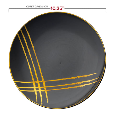 Black with Gold Brushstroke Round Plastic Disposable Dinner Plates (10.25