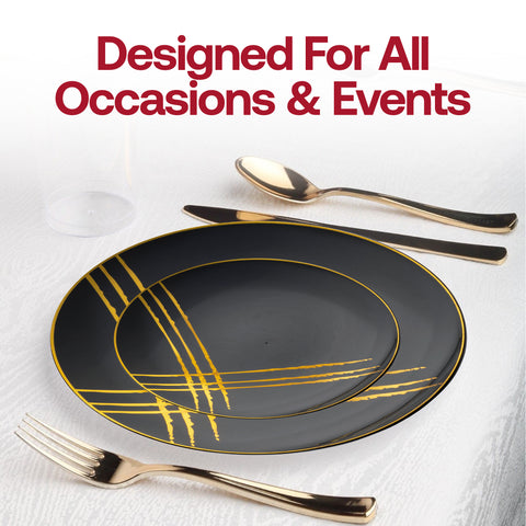 Black with Gold Brushstroke Round Plastic Disposable Dinner Plates (10.25