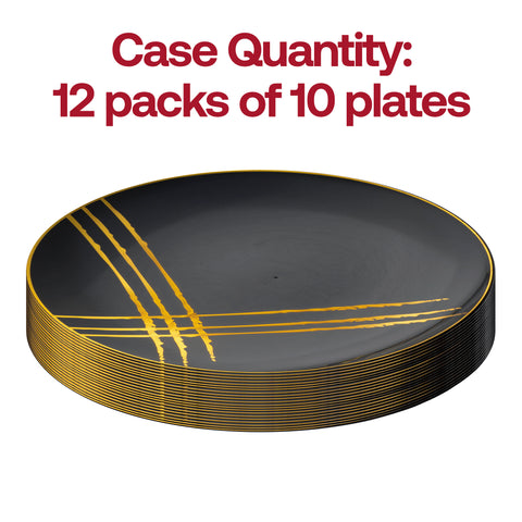 Black with Gold Brushstroke Round Plastic Disposable Dinner Plates (10.25