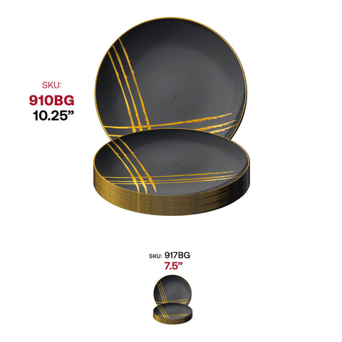 Black with Gold Brushstroke Round Plastic Disposable Dinner Plates (10.25